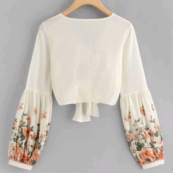 Floral Cream Color Chiffon Crop Top - Picture 2 of 8